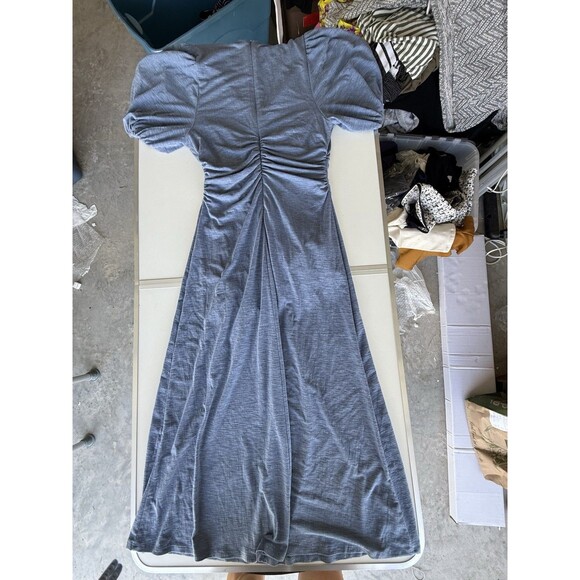 Cooper 19 Blue Ruched V Neck Midi Dress Front Slit Cap Sleeves Size Small - Picture 3 of 4